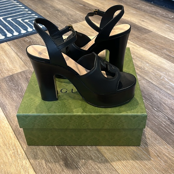 GUCCI Women 38 Interlocking G Cutout BLACK Platform Sandals 💯 Authentic NEW - Picture 3 of 5
